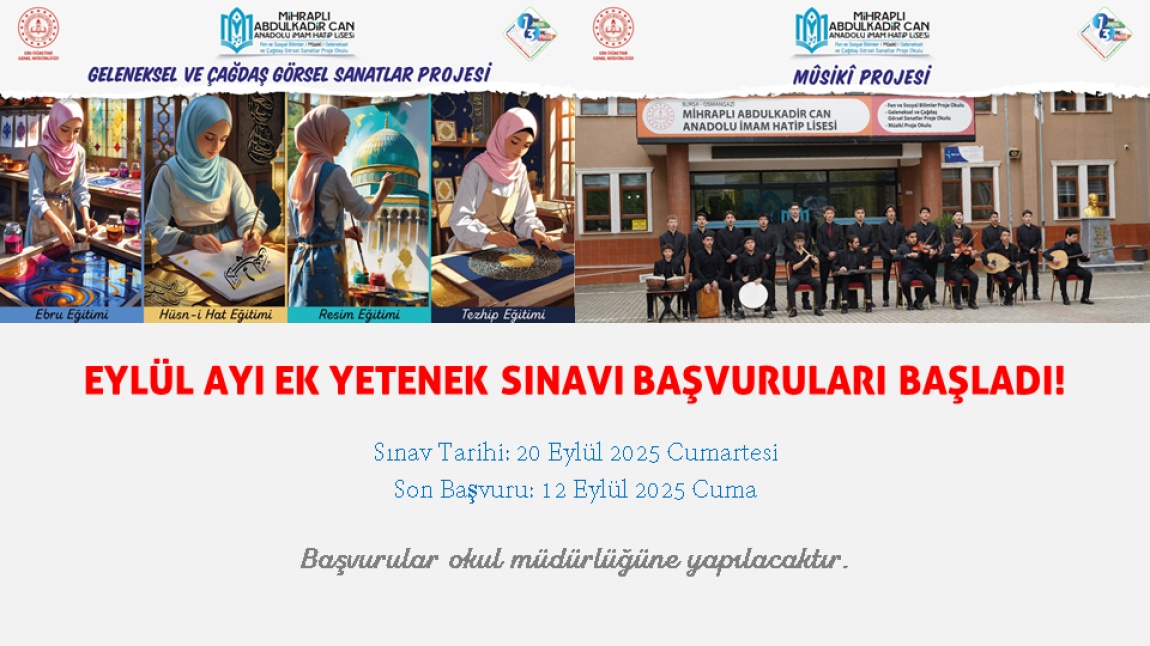 EYLÜL AYI EK YETENEK SINAVI BAŞVURULARI BAŞLADI!